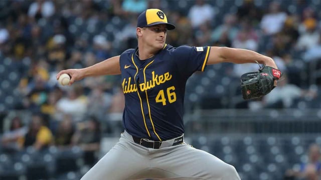 Sep 5, 2025; Pittsburgh, Pennsylvania, USA; Milwaukee Brewers starting pitcher Quinn Priester (46) delivers a pitch against the Pittsburgh Pirates during the first inning at PNC Park. Mandatory Credit: Charles LeClaire-Imagn Images