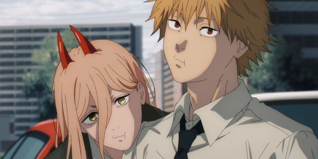 Chainsaw Man - 2 characters chewing and looking at the camera