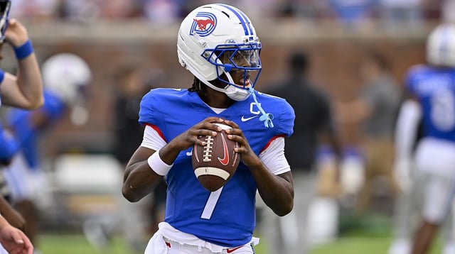 Sep 6, 2025; Dallas, Texas, USA; SMU Mustangs quarterback Kevin Jennings (7) warms up before the game against the Baylor Bears at Gerald J. Ford Stadium. Mandatory Credit: Jerome Miron-Imagn Images