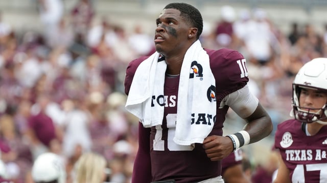 Sep 6, 2025; College Station, Texas, USA; Texas A&M Aggies quarterback Marcel Reed (10) running off the field after the second quarter ends against the Utah State Aggies at Kyle Field. Mandatory Credit: Sean Thomas-Imagn Images