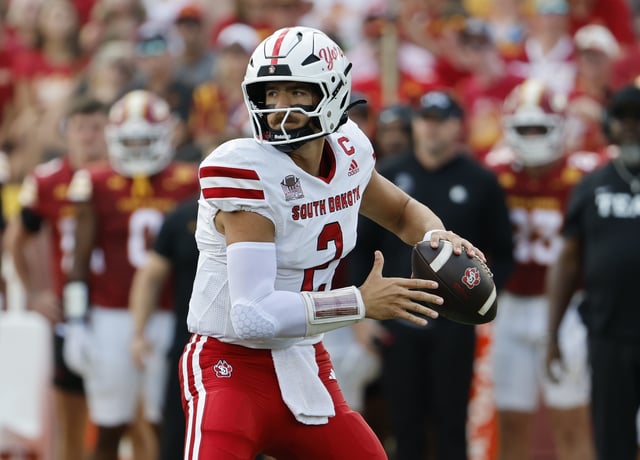 Quarterback Aidan Bouman #2 of the South Dakota Coyotes throws the ball in the first half of play at Jack Trice Stadium on August 30, 2025, in Ames, Iowa. The Iowa State Cyclones won 55-7 over the South Dakota Coyotes.