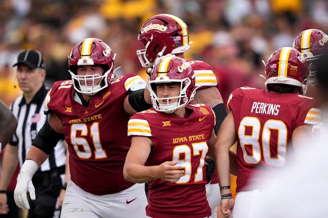 Iowa State kicker Kyle Konrardy (97) celebrates with teammates after kicking a field goal during the second half against Iowa on Saturday, Sept. 6, 2025, in Ames, Iowa. (Charlie Neibergall/AP)