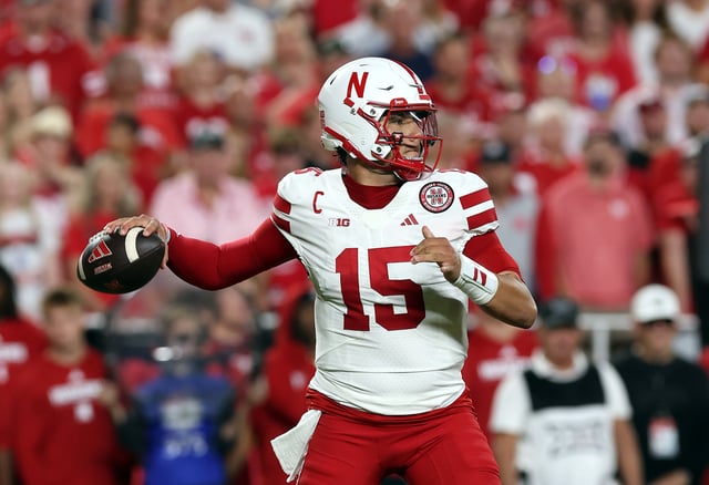 Quarterback Dylan Raiola #15 of the Nebraska Cornhuskers passes during the first half of the game against the Cincinnati Bearcats at Arrowhead Stadium on August 28, 2025 in Kansas City, Missouri.