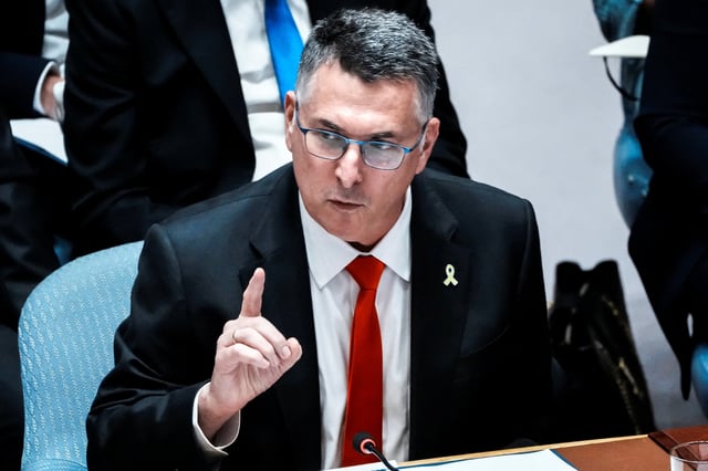 Israeli Foreign Minister Gideon Saar speaks to delegates during a Security Council meeting at U.N. headquarters in New York City, U.S., August 5, 2025.  REUTERS/Eduardo Munoz/File Photo