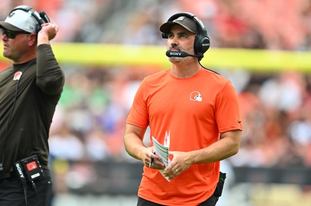 CLEVELAND, OHIO - AUGUST 23: Head coach Kevin Stefanski of the Cleveland Browns watches from the sidelines during the first half of an NFL Preseason 2025 game against the Los Angeles Rams at Huntington Bank Field on August 23, 2025, in Cleveland, Ohio. (Photo by Jason Miller/Getty Images)
