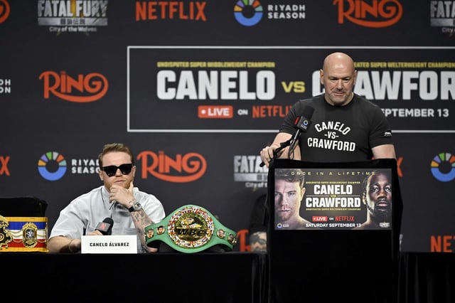 LAS VEGAS, NEVADA - JUNE 27: (L-R) Canelo Álvarez and Dana White, CEO, UFC speak onstage during the Canelo Álvarez vs. Terence Crawford Las Vegas Press Conference at T-Mobile Arena on June 27, 2025 in Las Vegas, Nevada. (Photo by David Becker/Getty Images for Netflix)