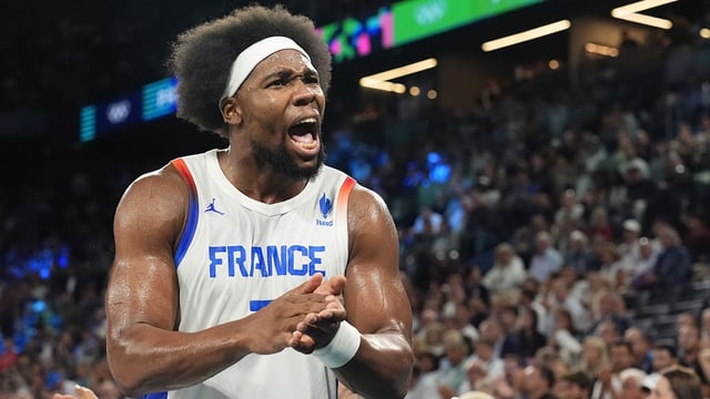 Aug 8, 2024; Paris, France; France power forward Guerschon Yabusele (7) celebrates during the second half against Germany in a men's basketball semifinal game during the Paris 2024 Olympic Summer Games at Accor Arena. Mandatory Credit: Rob Schumacher-USA TODAY Sports