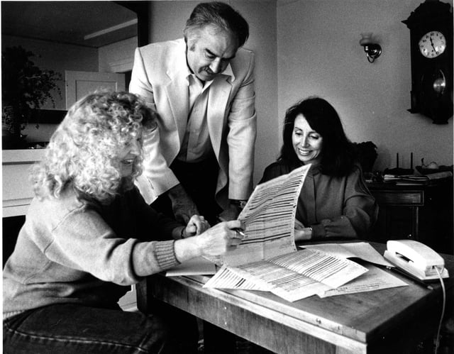 Nancy Pelosi looks over early returns with Jemma Turner and John Burton at election headquarters on primary election night in April 1987.