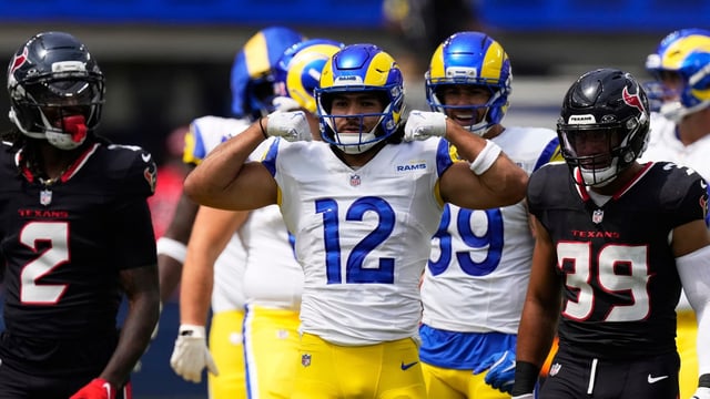 Los Angeles Rams wide receiver Puka Nacua (12) gestures during the first half of an NFL football game against the Houston Texans, Sunday, Sept. 7, 2025, in Inglewood, Calif.