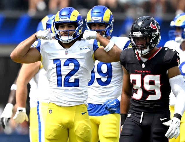 Rams wide receiver Puka Nacua reacts after a first quarter first down against the Houston Texans at SoFi Stadium in Inglewood on Sunday, Sep. 7, 2025. The Los Angeles Rams host the visiting Houston Texans in a season opening National Football League (NFL) game. (Photo by Will Lester, Inland Valley Daily Bulletin/SCNG)