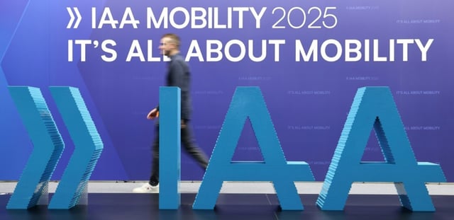 Logo du salon de l'auto à Munich qui a ouvert ses portes lundi 8 septembre 2025