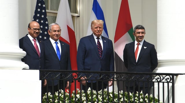Foreign Affairs Minister of Bahrain Abdullatif bin Rashid Al Zayani, Prime Minister of Israel Benjamin Netanyahu, U.S. President Donald Trump and Foreign Affairs Minister of the United Arab Emirates Abdullah bin Zayed Al Nahyan attend the signing ceremony of the Abraham Accords, at the White House on September 15, 2020 in Washington, DC. 