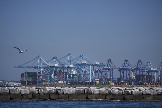 The Port of Los Angeles is visible near Eco Wave Power's onshore wave energy site at the port's AltaSea ocean institute, on Thursday, Sept. 4, 2025, in Los Angeles. (AP Photo/Damian Dovarganes)