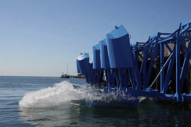 An onshore wave energy site, a pilot by Eco Wave Power, at the Port of Los Angeles' AltaSea ocean institute, operates on Thursday, Sept. 4, 2025, in Los Angeles. (AP Photo/Damian Dovarganes)