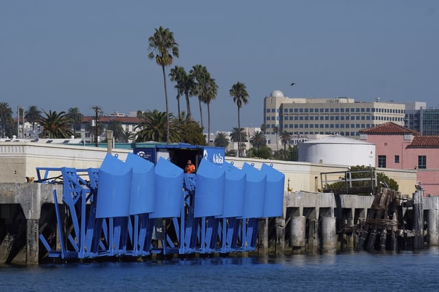 An onshore wave energy site, a pilot by Eco Wave Power, at the Port of Los Angeles' AltaSea ocean institute, is visible on Thursday, Sept. 4, 2025, in Los Angeles. (AP Photo/Damian Dovarganes)