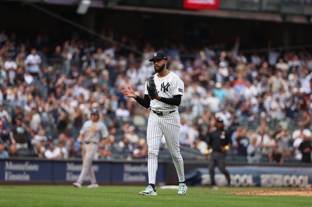 NEW YORK, NY - SEPTEMBER 07: Devin Williams #38 of the New York Yankees reacts during the game against the Toronto Blue Jays at Yankee Stadium on September 7, 2025 in New York, New York. (Photo by New York Yankees/Getty Images)