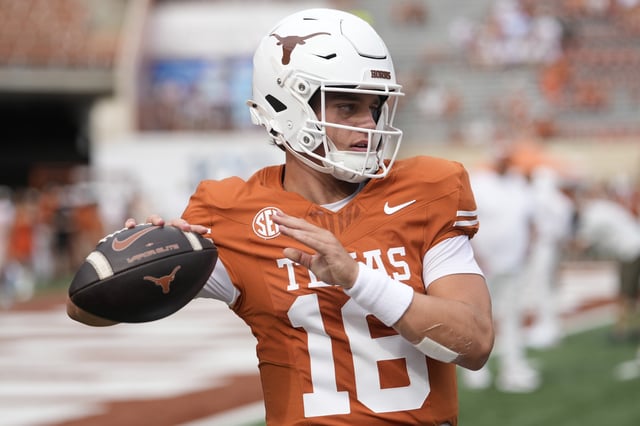Sep 6, 2025; Austin, Texas, USA; Texas Longhorns quarterback Arch Manning (16) warms up before the game against San Jose State Spartans at Darrell K Royal-Texas Memorial Stadium. Mandatory Credit: Scott Wachter-Imagn Images/File Photo