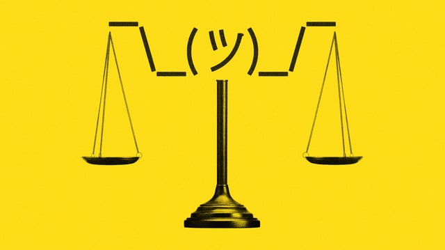Illustration of the scales of justice topped with a shrugging emoji