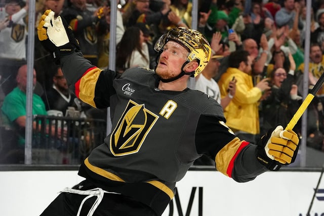 Mar 17, 2024; Las Vegas, Nevada, USA; Vegas Golden Knights center Jack Eichel (9) celebrates after scoring a goal against the New Jersey Devils during the third period at T-Mobile Arena. Mandatory Credit: Stephen R. Sylvanie-Imagn Images