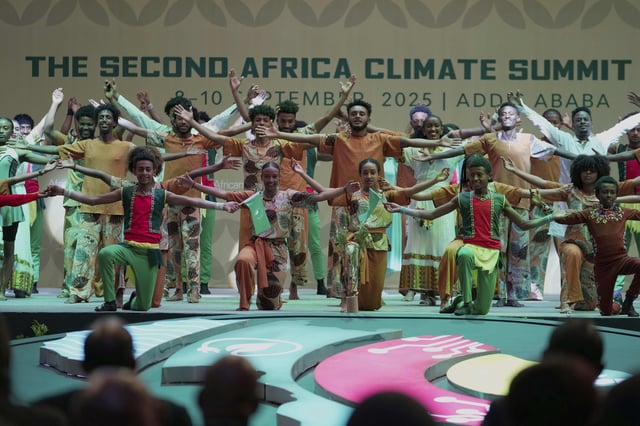 Dancers perform during the opening of the High-Level Leaders Summit at the Second Africa Climate Summit (ACS2) at the Addis International Convention Center (AICC) in Addis Ababa, Ethiopia, Monday, Sept. 8, 2025. (AP Photo/Brian Inganga)