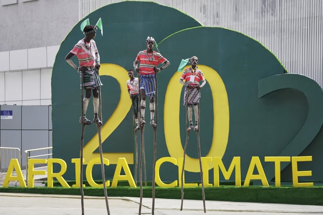 Artists walk on stilts during the Second Africa Climate Summit (ACS2) in Addis Ababa, Ethiopia, Monday, September 8, 2025. (AP Photo/Brian Inganga)