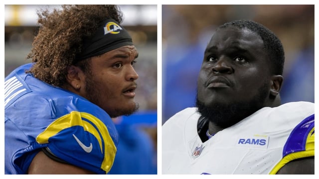 The Rams’ offensive line will bear some monitoring entering Week 2 after guards Steve Avila, left, and Kevin Dotson, right, suffered ankle sprains in Sunday’s season-opening 14-9 victory over the Houston Texans. (Photos by The Associated Press)