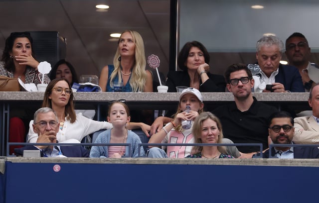 John Krasinski, wife Emily Blunt and daughters Hazel and Violet attend the men's singles final match between Jannik Sinner and Carlos Alcaraz of Spain on Sept. 7, 2025, in New York City.
