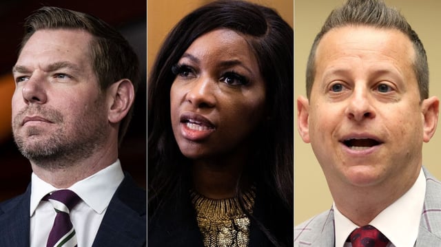 Reps. Eric Swalwell, Jasmine Crockett and Jared Moskowitz. Photos: Al Drago/Bloomberg, Tom Williams/CQ-Roll Call, Tierney L. Cross/Bloomberg via Getty Images.