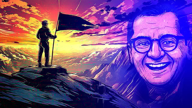 An illustration of Thakur's face etched on a mountain, with another journalist climbing up.