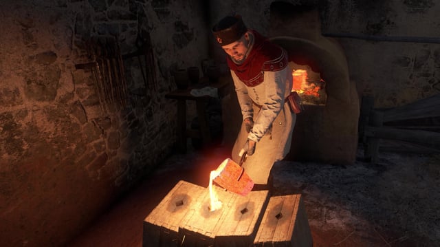 An apprentice casting molten metal into a mold in a screenshot for Kingdom Come Deliverance 2's Legacy of the Forge DLC.