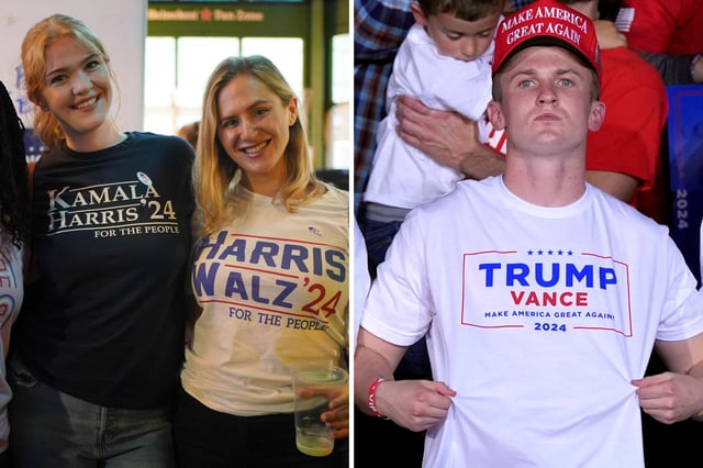 L: People at the Democrats Abroad US election watching event in central London. Picture date: Tuesday November 5, 2024. R: Supporters watch as Republican presidential nominee former President Donald Trump speaks at a campaign rally, Nov. 5, 2024, in Grand Rapids, Michigan.