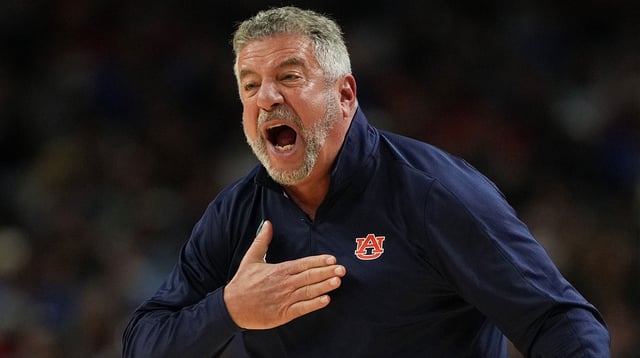 Apr 5, 2025; San Antonio, TX, USA; Auburn Tigers head coach Bruce Pearl reacts after a play against the Florida Gators during the second half in the semifinals of the men's Final Four of the 2025 NCAA Tournament at the Alamodome. Mandatory Credit: Bob Donnan-Imagn Images