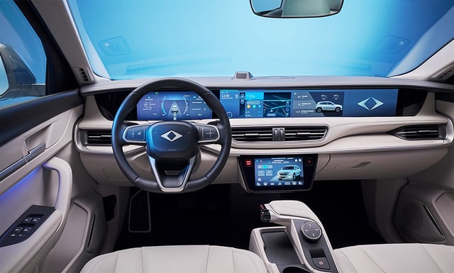 Das Cockpit wartet mit einem 12-Zoll-Tacho und einem 29-Zoll-Touchscreen auf.