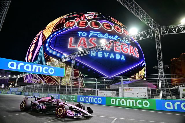Alpine's French driver Esteban Ocon races during the first practice session for the Las Vegas Formula One Grand Prix on November 21, 2024, in Las Vegas, Nevada.