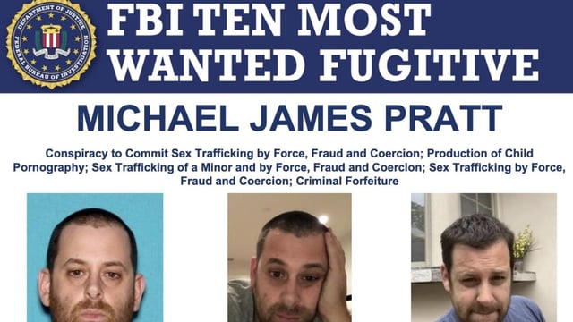 An FBI poster issued in 2022 displaying three pictures of Michael James Pratt, at the time one of the agency's Ten Most Wanted fugitives.