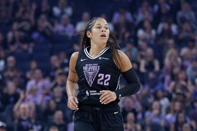 SAN FRANCISCO, CALIFORNIA - AUGUST 30: Veronica Burton #22 of the Golden State Valkyries looks on during the game against the Washington Mystics at Chase Center on August 30, 2025, in San Francisco, California.