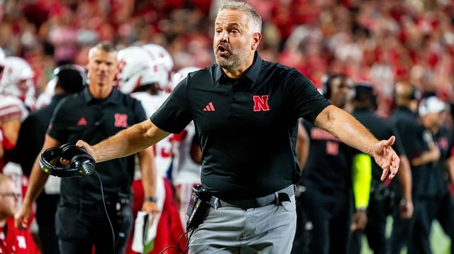 Aug 28, 2025; Kansas City, Missouri, USA; Nebraska Cornhuskers head coach Matt Rhule reacts after a call against the Cincinnati Bearcats during the fourth quarter at GEHA Field at Arrowhead Stadium. Mandatory Credit: Dylan Widger-Imagn Images