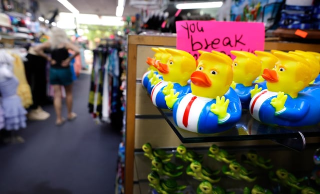 Trump merchandise for sale at a novelty store in Lauderdale-by-the-Sea on Tuesday, Sept. 9, 2025. (Carline Jean/South Florida Sun Sentinel)