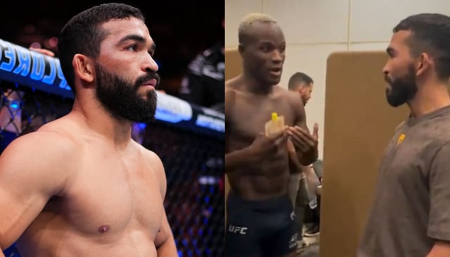 Patricio 'Pitbull' Freire enters the Octagon for his fight at UFC 318, opposite Freire and Losene Keita speaking backstage at the UFC Paris weigh-in. Credit: Cooper Neill/Zuffa LLC/@ChampionshipRounds/X