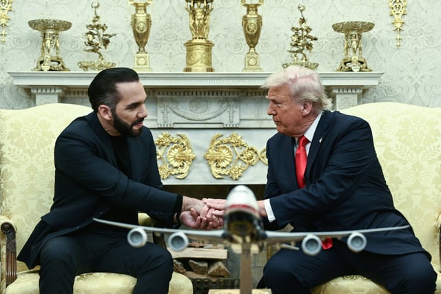 President Donald Trump meets with El Salvador's President Nayib Bukele in the Oval Office of the White House in Washington, D.C., April 14, 2025. Trump on Monday hosted El Salvador's President Nayib Bukele, the self-described "world's coolest dictator" who is now the US leader's key ally in a controversial push to deport illegal migrants to a notorious Salvadoran prison. p administration to facilitate.