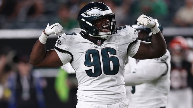 Aug 7, 2025; Philadelphia, Pennsylvania, USA; Philadelphia Eagles defensive tackle Gabe Hall (96) reacts against the Cincinnati Bengals at Lincoln Financial Field. Mandatory Credit: Bill Streicher-Imagn Images
