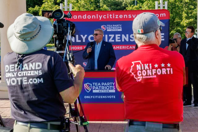 Former state Sen. Darren Bailey speaks at a rally in support of the SAVE Act, a bill that would require states to obtain documentary proof of citizenship in order to register to vote in federal elections, on Sept. 2, 2025, in Orland Park. The rally was organized by Tea Party Patriots Action. (Armando L. Sanchez/Chicago Tribune)