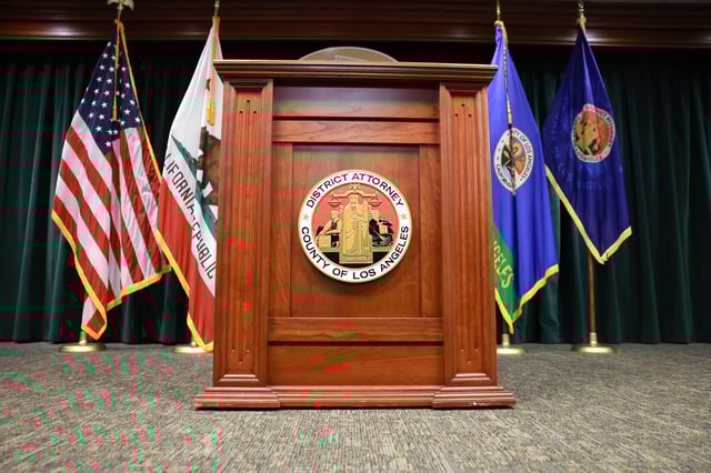 LOS ANGELES, CALIFORNIA – FEBRUARY 21: The Podium of the Los Angeles County District Attorney Nathan J. Hochman is seen during a press conference for the Lyle and Erik Menendez Case at the Hall of Justice on February 21, 2025 in Los Angeles, California. (Photo by Araya Doheny/Getty Images)