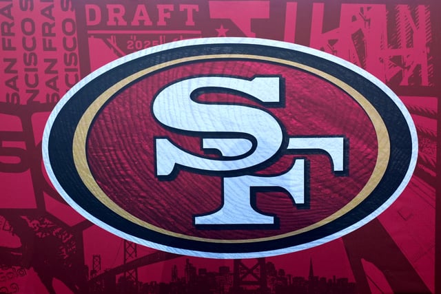 A general view of the San Francisco 49ers logo prior to the 2025 NFL Draft at Lambeau Field on April 23, 2025 in Green Bay, Wisconsin.