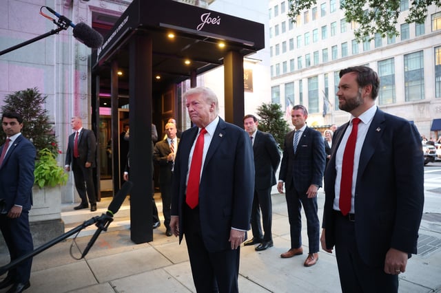 Donald Trump and members of his cabinet and administration, including Secretary of State Marco Rubio, Defense Secretary Pete Hegseth and Vice President JD Vance, arrive for dinner at Joe's Seafood, Prime Steak & Stone Crab on September 09, 2025 in Washington, DC.