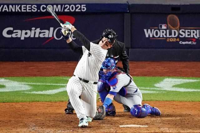 Oct 30, 2024; New York, New York, USA; New York Yankees first baseman Anthony Rizzo (48) strikes out to end the eighth inning against the Los Angeles Dodgers in game four of the 2024 MLB World Series at Yankee Stadium. Mandatory Credit: Robert Deutsch-Imagn Images/ File Photo