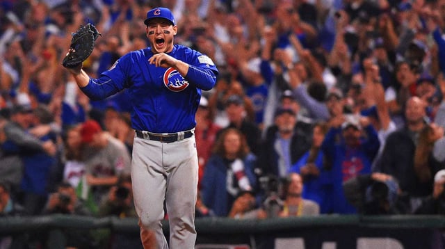 Nov 2, 2016; Cleveland, OH, USA; Chicago Cubs first baseman Anthony Rizzo (44) celebrates after defeating the Cleveland Indians in game seven of the 2016 World Series at Progressive Field. Mandatory Credit: Ken Blaze-Imagn Images