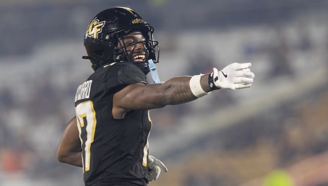UCF Knights defensive back Jaylen Heyward (17) celebrates the Knights success against North Carolina A&T Aggies during the second half of the college football game at Acrisure Bounce House Stadium in Orlando, Fla., Saturday, Sept. 6, 2025. (Willie J. Allen Jr./Orlando Sentinel)