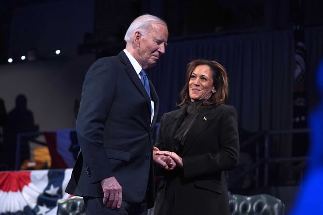 President Joe Biden, left, and Vice President Kamala Harris at Joint Base Myer-Henderson Hall, Jan. 16, 2025, in Arlington, Va. Harris criticizes Biden’s 2024 reelection bid as “recklessness” in her new memoir “107 Days” ahead of San Francisco event.