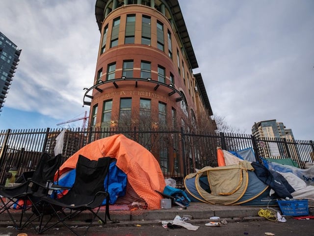  Homeless camps seen outside the Drop-in Centre prior to being dismantled by police on February 10, 2022.